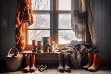 Wall Mural - winter boots and scarves near a frosty window, created with generative ai