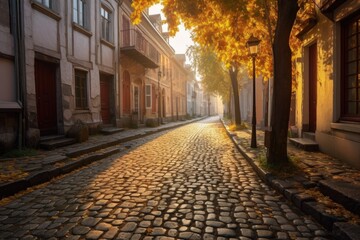 Sticker - dawn sunlight casting shadows on cobblestone alley, created with generative ai