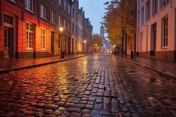 Wall Mural - wet cobblestone street reflecting dawn light, created with generative ai