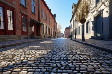 Sticker - empty cobblestone street with building shadows, created with generative ai