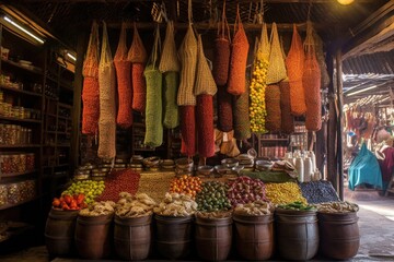 Poster - spice market stall with hanging woven spice bags, created with generative ai