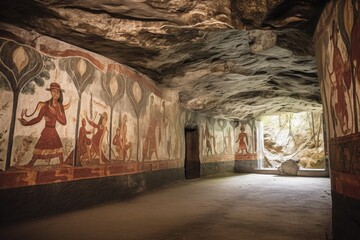 Sticker - intricate cave murals showing ancient storytelling, created with generative ai