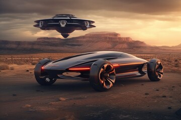 Wall Mural - concept car with built-in drone launching platform, created with generative ai