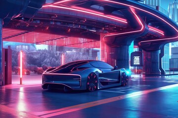 Wall Mural - futuristic electric car charging at a solar-powered station, created with generative ai