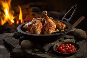 Wall Mural - chicken drumsticks sizzling on a hot stone by fire, created with generative ai