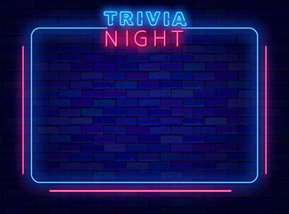 Wall Mural - Trivia night neon banner. Blue striped frame. Quiz competition. Game event. Vector stock illustration