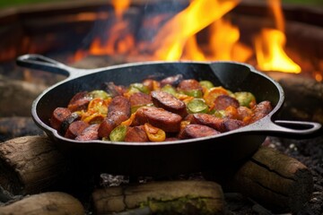 Sticker - chorizo sizzling on a cast iron skillet above campfire flames, created with generative ai