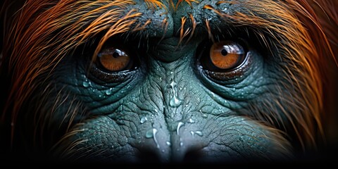 Wall Mural - AI Generated. AI Generative. Orangutan monkey face portrain eyes watching on you. Mammal animal background view. Graphic Art