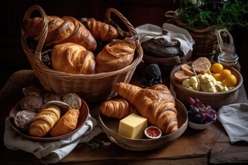 Canvas Print - basket of warm, fragrant rolls and croissants with various spreads, created with generative ai