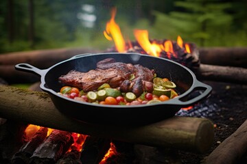 Wall Mural - sizzling cast iron skillet with food over campfire flames, created with generative ai