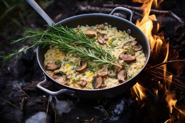 Canvas Print - campfire with risotto pan and camping utensils nearby, created with generative ai