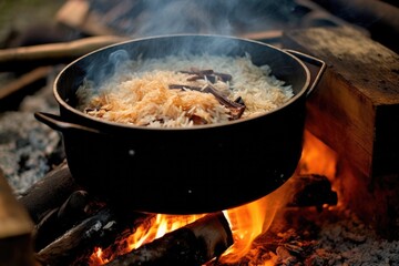 Poster - rice cooking in a pot over campfire flames, created with generative ai