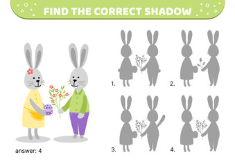 Wall Mural - Couple of Easter bunnies. Find the correct shadow. Shadow matching game. Cartoon, vector