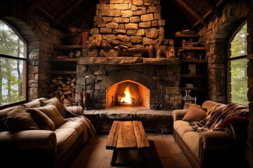 Canvas Print - rustic stone fireplace in a cabin setting, created with generative ai