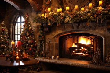 Poster - warm fireplace with holiday decorations, created with generative ai