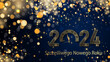 karta lub baner, aby życzyć szczęśliwego nowego roku 2024 w złocie 0 to zegar na ciemnoniebieskim tle gradientu z gwiazdami i kółkami w kolorze złotym z efektem bokeh