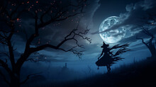 Halloween Witch Silhouette Flying Moon New Quality Universal Colorful Technology Image Illustration Design, Generative Ai