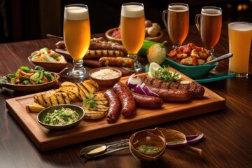 Canvas Print - assorted grilled sausages with beer sampler, created with generative ai