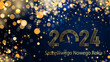 karta lub baner, aby życzyć szczęśliwego nowego roku 2024 w złocie 0 to zegar na ciemnoniebieskim tle gradientu z gwiazdami i kółkami w kolorze złotym z efektem bokeh