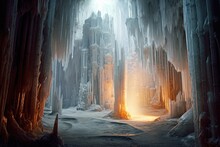 Majestic Crystal Cave Chambers With Eerie Light, Created With Generative Ai
