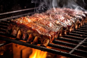 Sticker - close-up of smoking bbq ribs in a smoker, created with generative ai