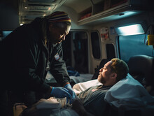 A Medical Professional Providing Care For A Homeless Individual In A Mobile Clinic | Generative AI