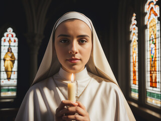 Digital portrait of a young beautiful nun woman, holding a candle in front of a stained glass window in a Catholic church. Generative AI