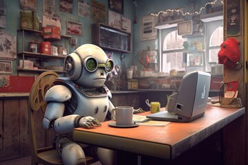 Canvas Print - cute robot with a laptop taking orders in a cafe, created with generative ai