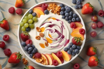 Wall Mural - overhead shot of creamy yogurt with fruit toppings, created with generative ai