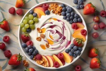 Sticker - overhead shot of creamy yogurt with fruit toppings, created with generative ai