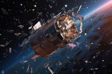 Wall Mural - damaged communication satellite drifting in space debris, created with generative ai