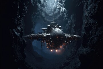 Wall Mural - mysterious abandoned spacecraft drifting in the dark void, created with generative ai