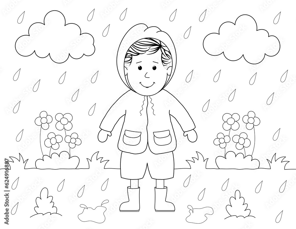 cute coloring page of a little boy in a raincoat on a rainy day. you ...