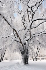 Poster - snow-covered branches of a large tree in winter, created with generative ai