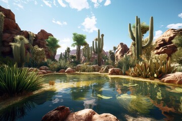 Wall Mural - wide-angle shot of a desert oasis with cacti, created with generative ai