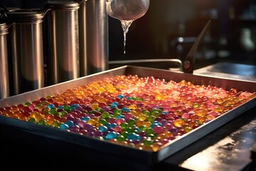 Sticker - candy cooling process on a steel tabletop, created with generative ai