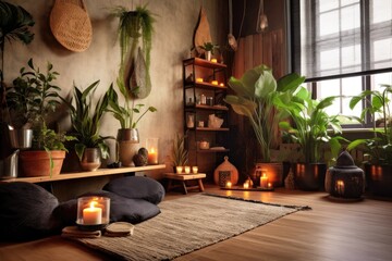 Poster - zen corner with plants and candles in yoga studio, created with generative ai