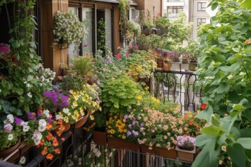 Wall Mural - balcony garden overflowing with blooms and greenery in spring, created with generative ai