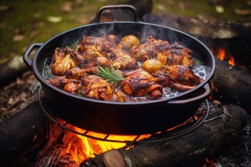 Poster - aromatic campfire chicken in a dutch oven, lid slightly ajar, created with generative ai