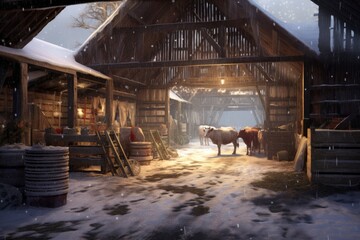 Sticker - snowy barn with open doors revealing feed area, created with generative ai