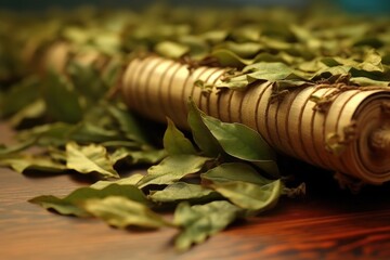 Poster - close-up of rolling tea leaves with wooden roller, created with generative ai