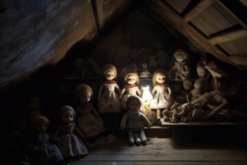Wall Mural - dolls empty gaze in a dark attic corner, illuminated by a single beam of light, created with generat