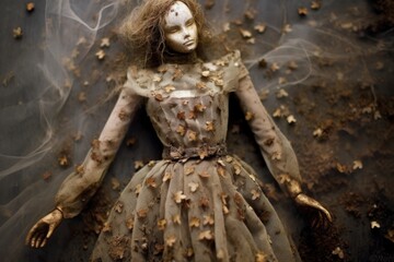 Sticker - dolls dress covered in dust and moth holes, created with generative ai