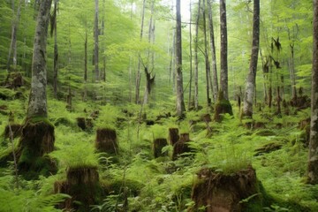 Canvas Print - forest regrowth at different stages in a recovering area, created with generative ai