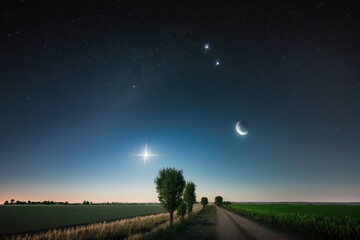 Wall Mural - clear summer sky, with stars shining brightly, and a distant moon, created with generative ai