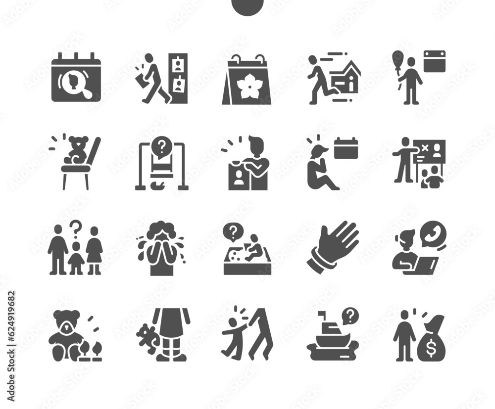 International Missing Children Day 25 May. Escape from home. Hot line. Selling children. Calendar. Vector Solid Icons. Simple Pictogram