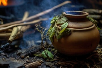 Sticker - close-up of mate tea leaves in a gourd by campfire, created with generative ai