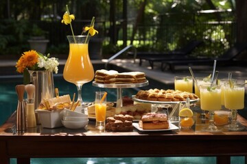 Poster - poolside bar setup with french 75 ingredients and glassware, created with generative ai