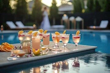 Sticker - pool party setup with french 75 cocktails in the foreground, created with generative ai