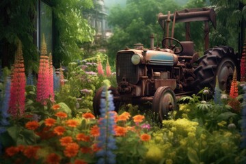 Poster - tractor with missing parts surrounded by wildflowers, created with generative ai